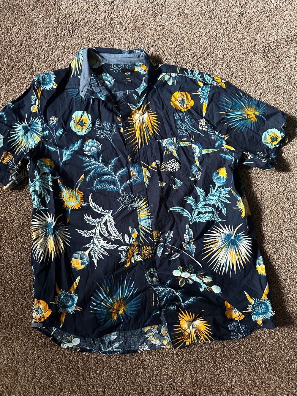 Vans Navy Short-Sleeve Floral Print Button-Up Shirt - XL